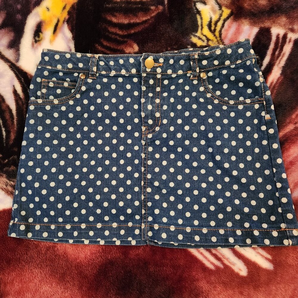 Youth Girls Blue/White Polka Dot Jean Skirt Size 16 Faded Glory